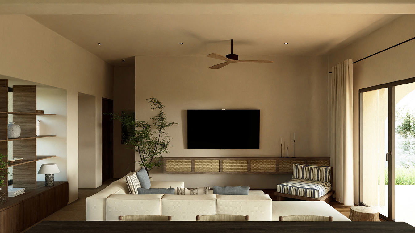 Thetacon Architecture Construction Corfu Kamara Minimal villa roofs bricks sea view in Agioi Theodoroi process indoor ground floor living room resize